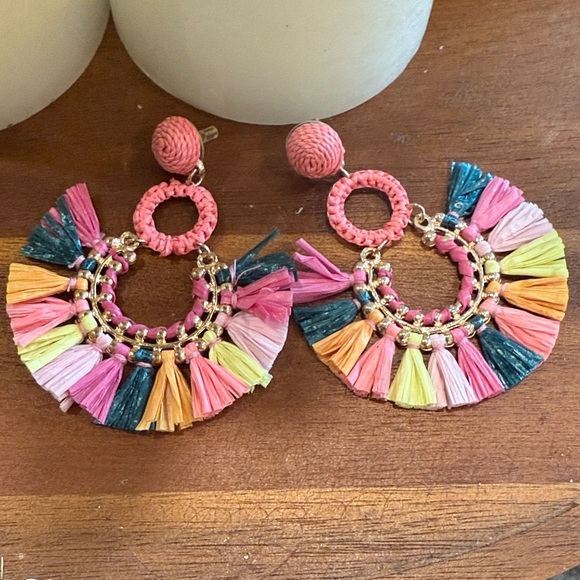 Unknown Jewelry - Colorful Raffia Tassel Hoop Earrings Gold Trim New No Tags